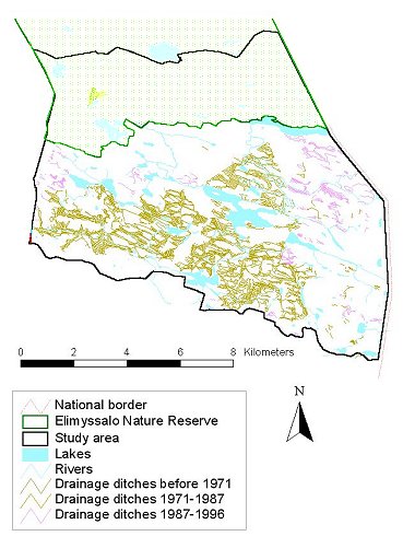 The extent of drainage ditches in the Kiekki area in 1996.