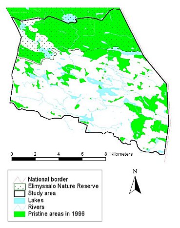 Potential pristine areas, i.e. landscapes outside a 100 m buffer zone drawn around areas affected by human actions.