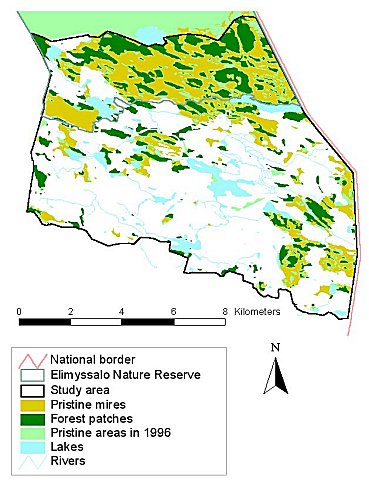 A map showing how mires and forest patches fit within the potentially pristine areas.