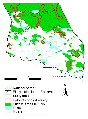 Hotspots of biodiversity compared with the potentially pristine areas in the Kiekki study area.